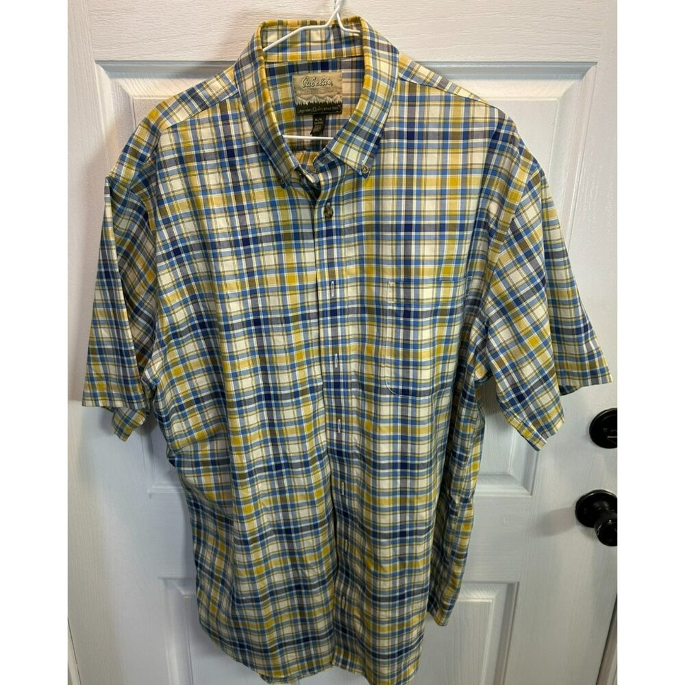 Cabela's Shirt Men's XL Plaid Short Sleeve Pockets Button Up Blue Yellow Plaid